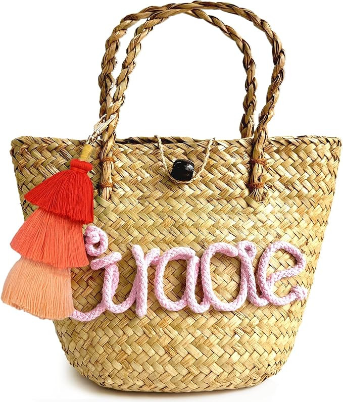 ubjva Custom Straw Tote Bag Personalized Mini Basket Bag with Woven Name Beach Bag for Wedding Br... | Amazon (US)
