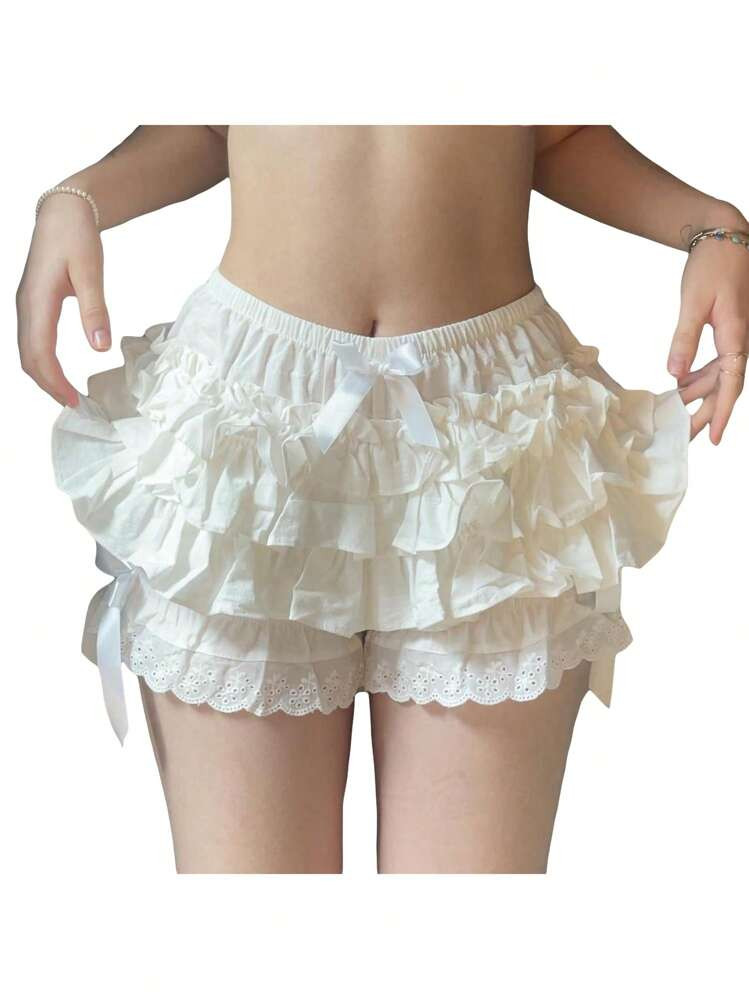 Women Y2k Lolita Bloomers Teens Cute Tiered Ruffle Pumpkin Panties Bloomer Bottom Lace Trim Layered High Waist Shorts Pettipants | SHEIN