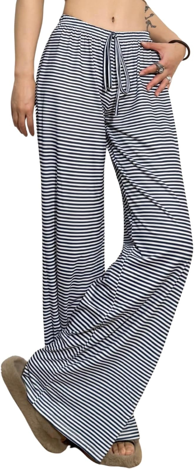 Striped Wide Leg Pants for Women - Casual Loose Fit High-Waisted Drawstring Pajama Pants - Straig... | Amazon (US)