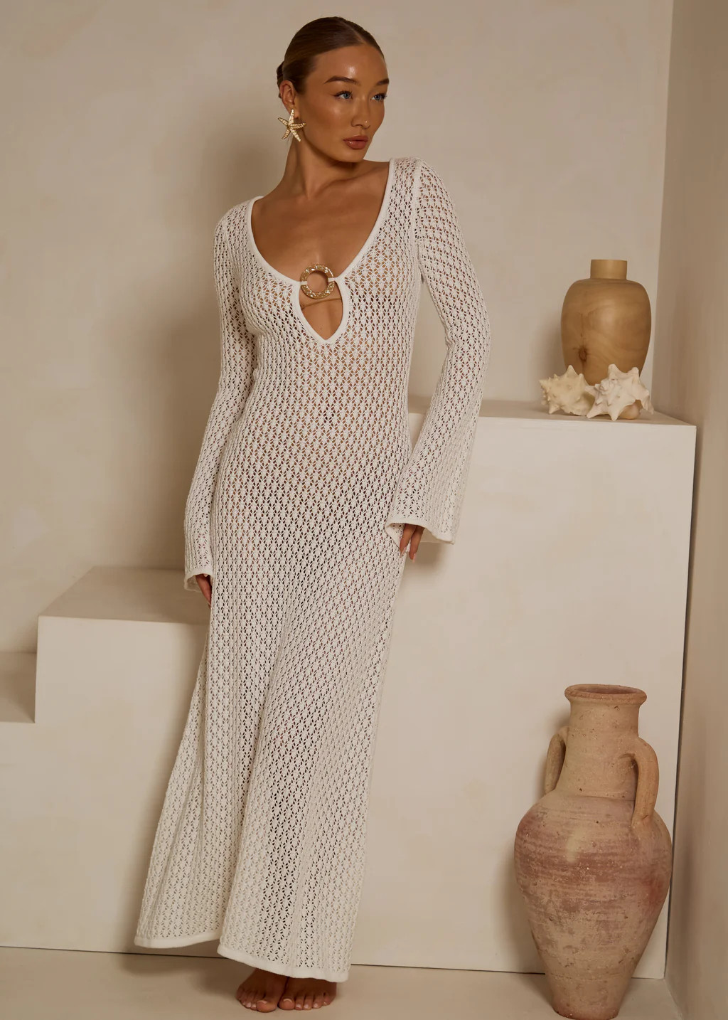 White Maxi Crochet knit Dress Santa Monica | outdazl