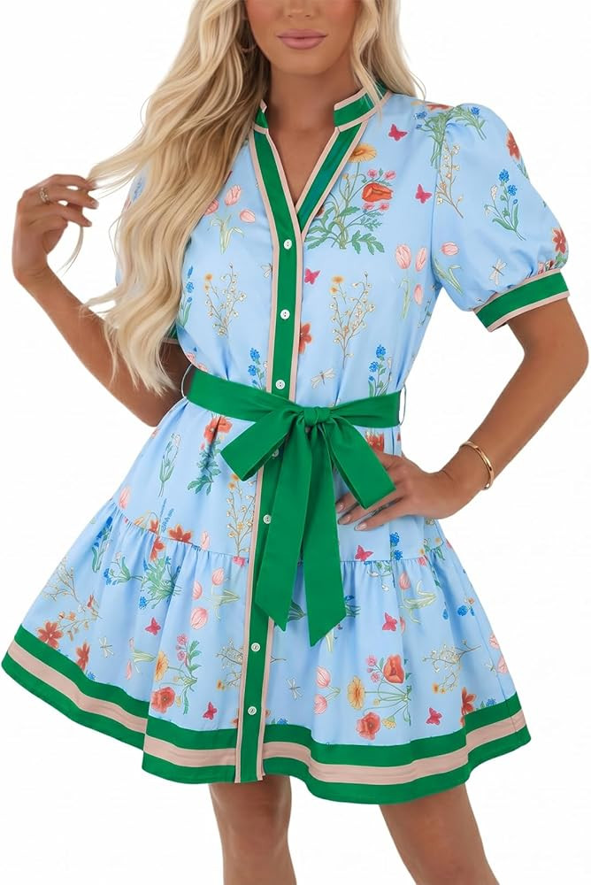 Wenrine Womens Summer Floral Mini Dress Puff Short Sleeve V Neck Button Down Casual Loose Boho Be... | Amazon (US)