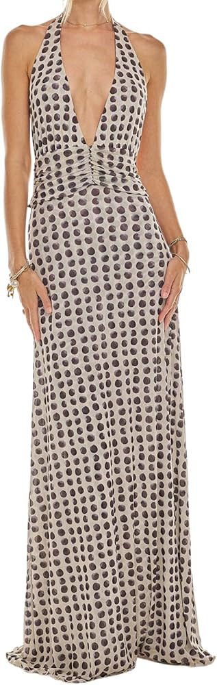 Amiblvowa Women Halter V Neck Maxi Dress Sexy Backless Bodycon Low Cut Long Dress Open Back Cockt... | Amazon (US)