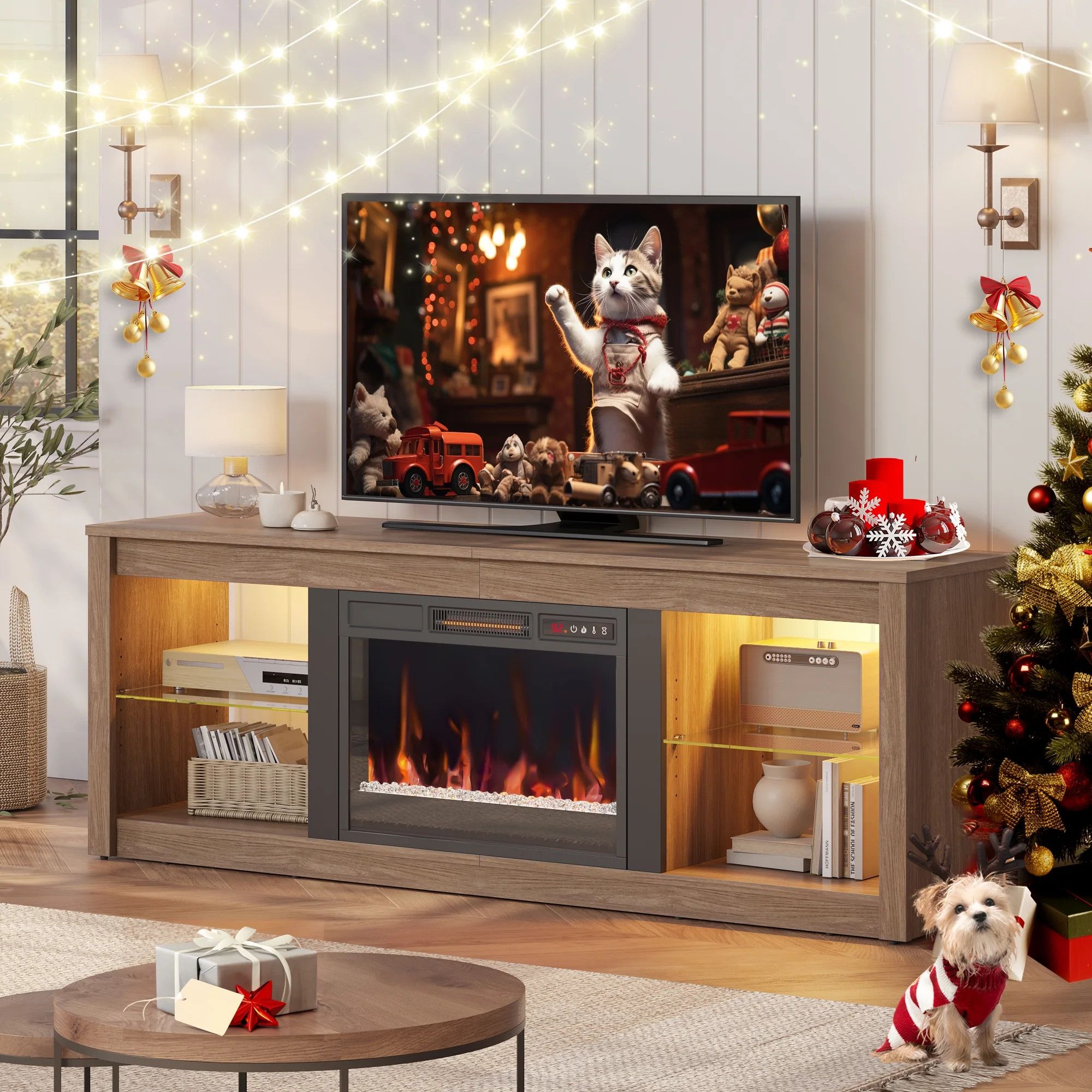 Bestier Modern Electric 7 Color LED Fireplace TV Stand for TVs up to 70", Pine | Walmart (US)