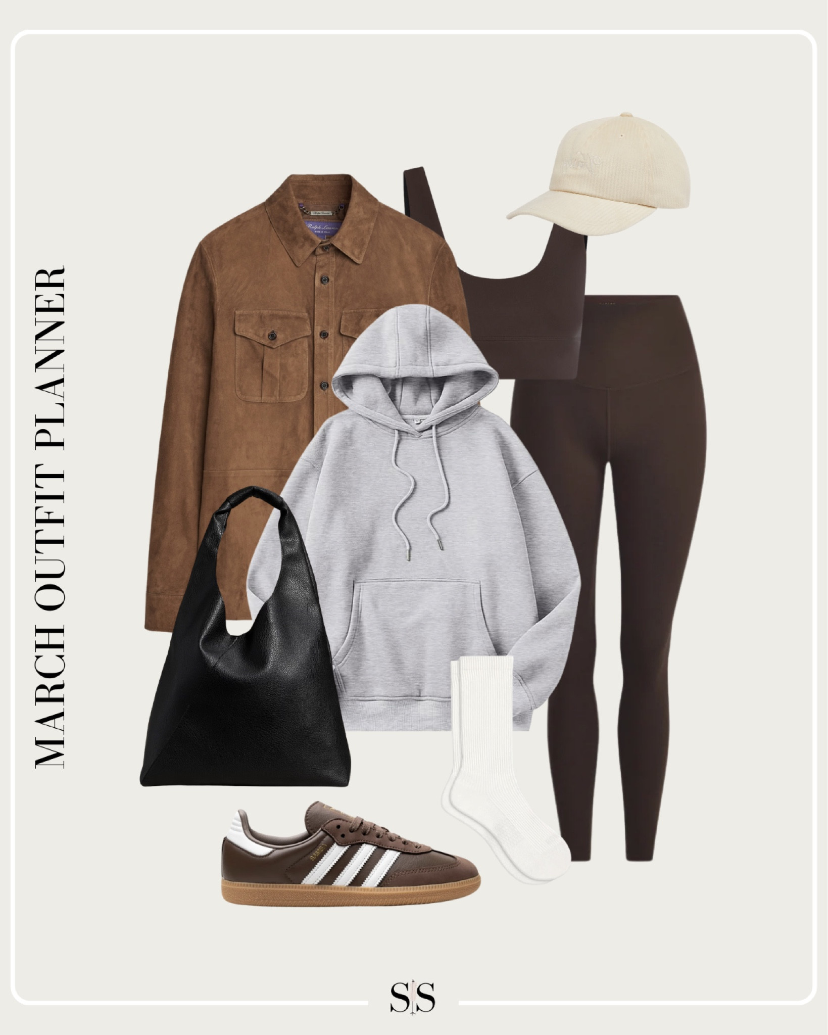 Monthly outfit planner MARCH: Winter to Spring transitional looks | suede shirt jacket, Varley sports bra, leggings, sneakers, hoodie, hat, black tote

#athleisure #casualstyle 

#LTKStyleTip