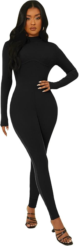 Verdusa Women's Mock Neck Long Sleeve Skinny Jumpsuit Long Pants Romper | Amazon (US)