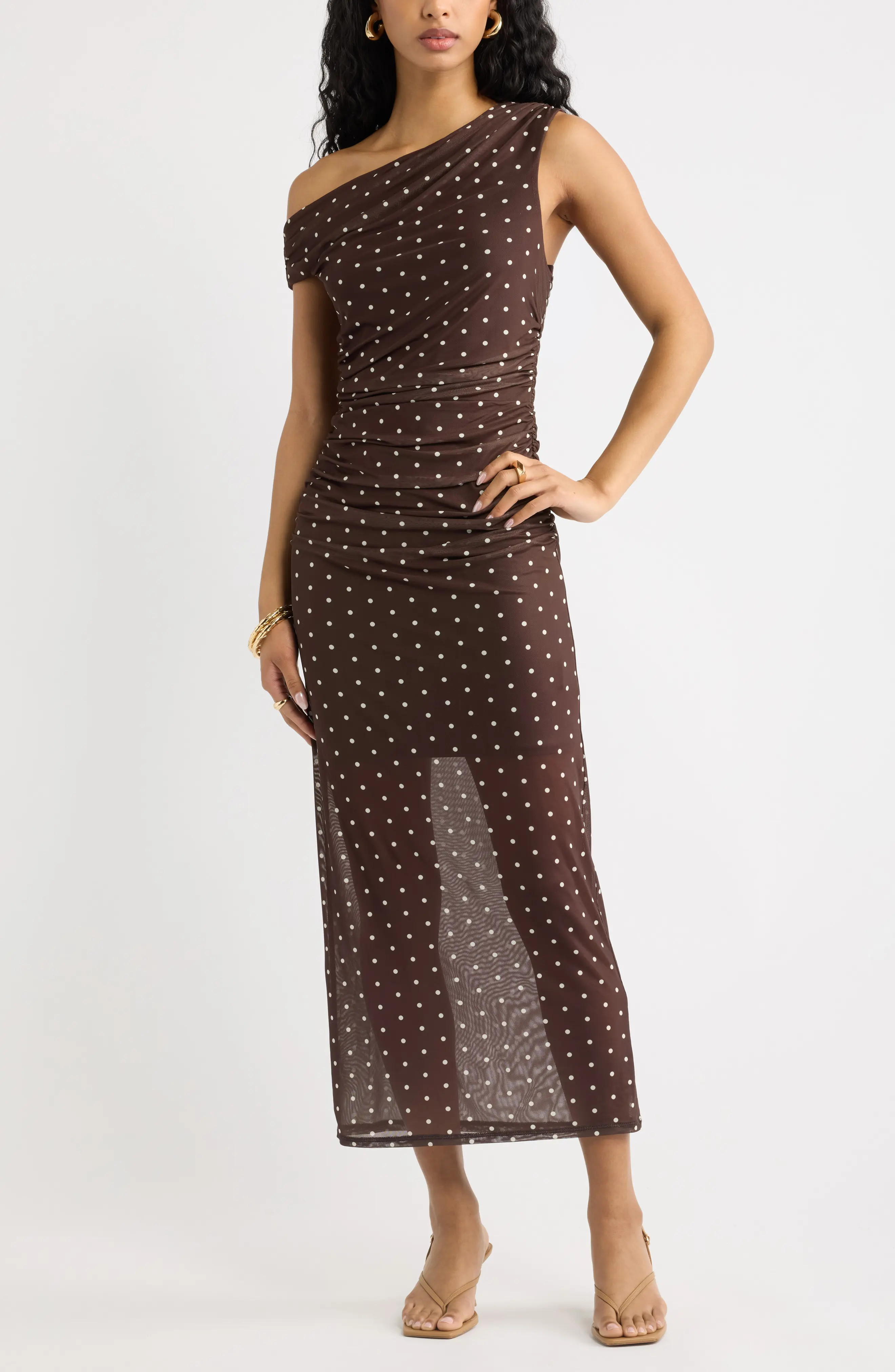 Open Edit Off the Shoulder Dot Mesh Midi Dress in Brown- Ivory Corner Dot at Nordstrom, Size Small | Nordstrom