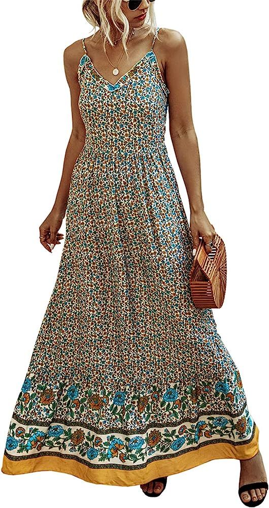 KIRUNDO Summer Women’s Spaghetti Maxi Dress V Neck High Waist Backless Adjustable Straps Floral Boho | Amazon (US)