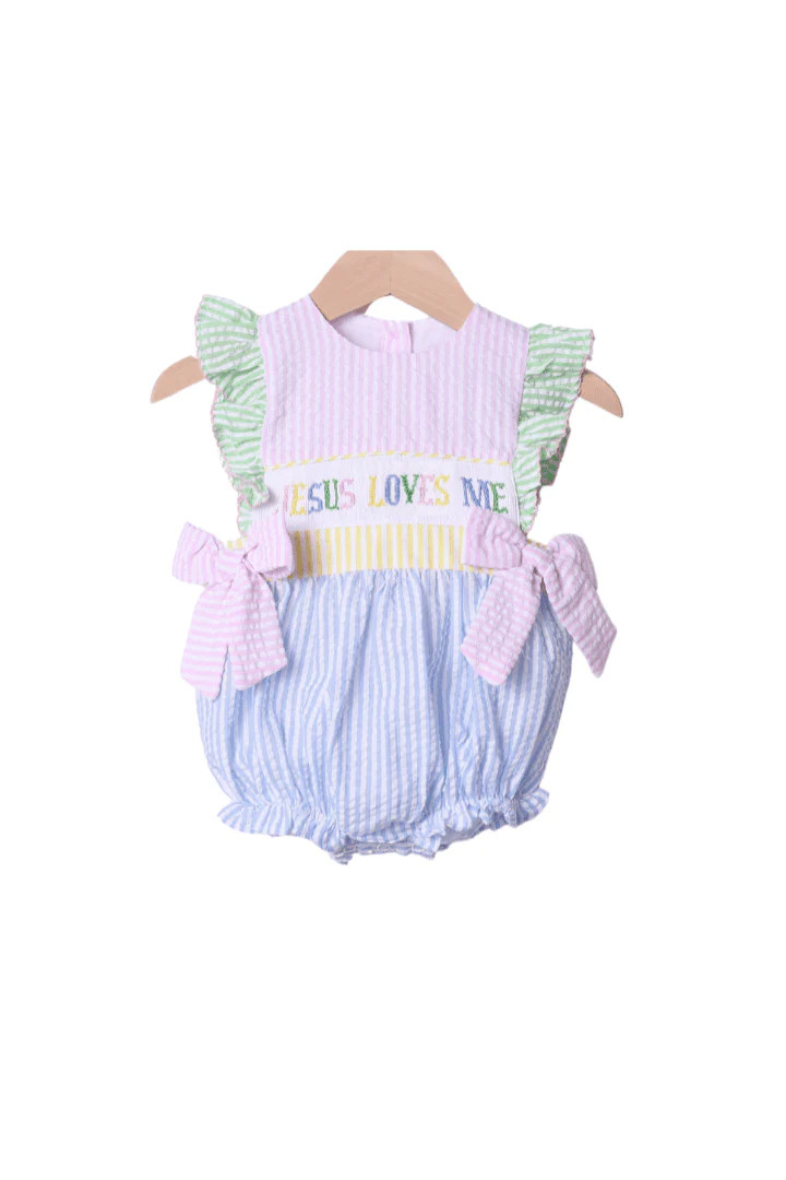 Smocked Jesus Loves Me Seersucker Colorblock Bubble | The Smocked Flamingo