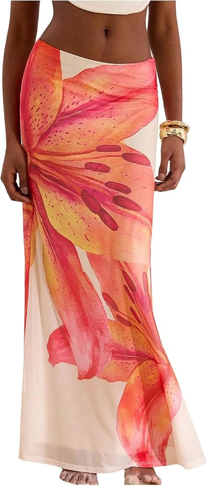 Milumia Women's Floral Low Waist Mesh Maxi Skirt Boho Bodycon Fishtail Long Skirts | Amazon (US)