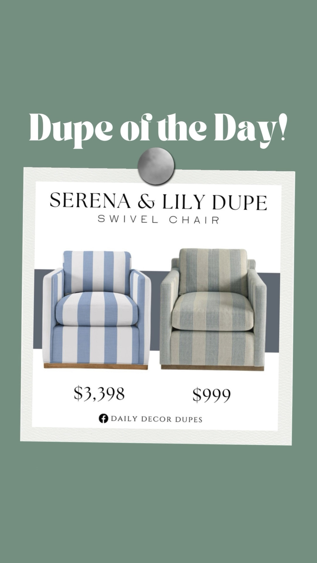 Serena and Lily Swivel Chair Dupe ✨
Looking for an affordable dupe for the Serena & Lily blue striped swivel arm chair for your living room or nursery? I’ve found a great replica armchair that will give you the same look on a budget! This stunning look-a-like swivel chair has the same thick blue and white stripes, coastal style, square clean arms, and swivel base. What home decor or furniture dupes would you like to see next? Kids room boys nursery gender neutral nursery coastal nursery grand millennial nursery Dupe dupes more affordable option find replica copy cat similar look for less budget friendly affordable cheap cheaper beautiful pretty. Clearance sale coupon code discount code promo code luxury lookalike look a like Inspo inspiration inspired by idea ideas Love dupes like these? I share multiple every day in my FB group “DAILY DECOR DUPES”

#LTKSaleAlert #LTKHome
