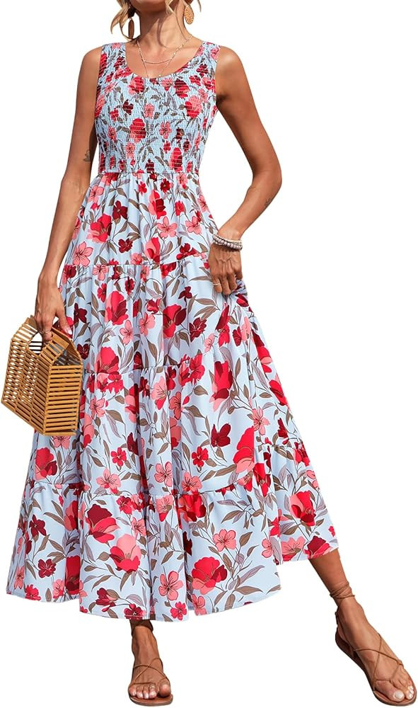 PRETTYGARDEN Smocked Tank Floral Maxi Dresses for Women 2025 Wedding Guest Dress Sleeveless Flowy... | Amazon (US)