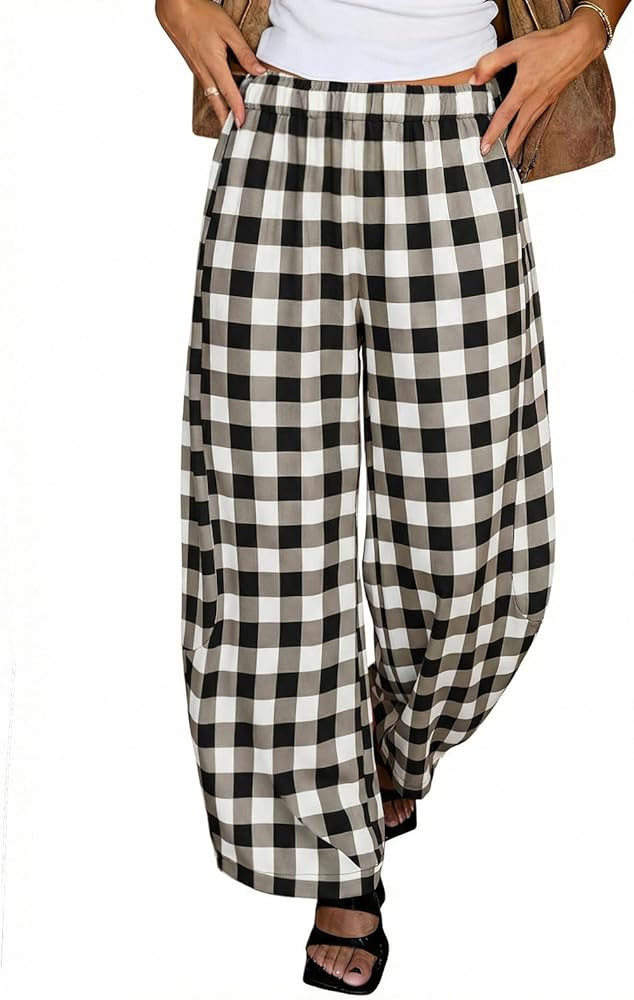 Tankaneo Womens Wide Leg Palazzo Pants Casual Barrel Baggy Pants Elastic High Waist Comfy Trouser... | Amazon (US)