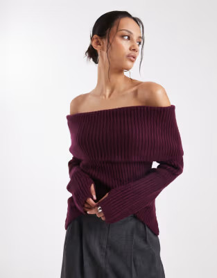 ASOS DESIGN knitted bardot jumper in plum | ASOS (Global)