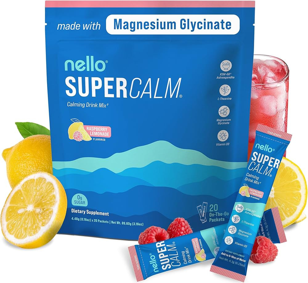 Nello Supercalm Powdered Drink Mix, Raspberry Lemonade, L Theanine, Ksm-66 Ashwagandha, Magnesium... | Amazon (US)