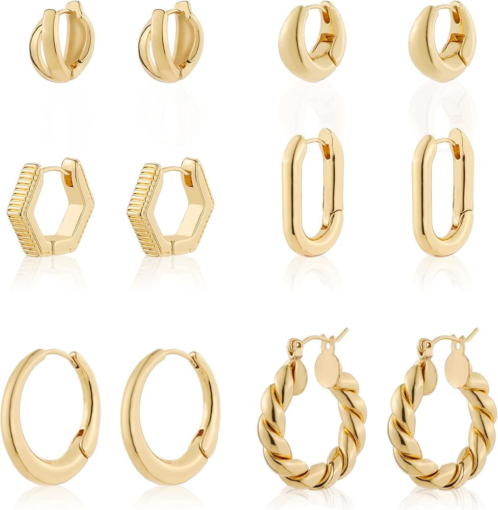 Wgoud 6 Pairs Gold Hoop Earrings Set for Women, 14K Gold Plated Hypoallergenic Lightweight Chunky... | Amazon (US)
