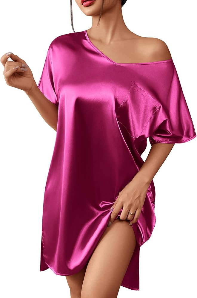Ekouaer Women's Satin Nightgowns V Neck Side Split Sleepshirt Short Sleeves Sleepwear Chest Pocke... | Amazon (US)