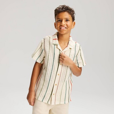 Boys' Short Sleeve Crochet Striped Button-Down Shirt - Cat & Jack™ Off-White XL Husky | Target