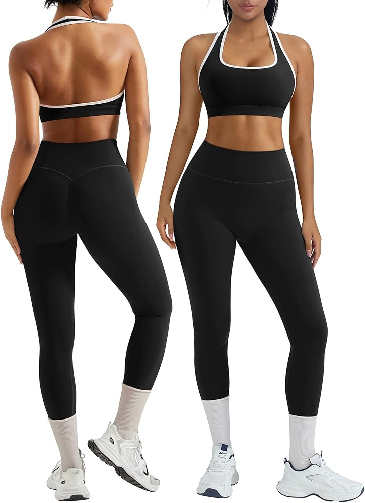 OMKAGI 2 Piece Workout Sets for Women Halter Sports Bras Gym Sets Booty Leggings Outfits | Amazon (US)