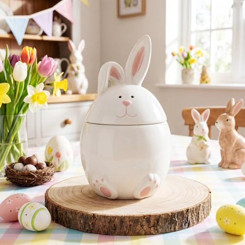 Gandeer Easter Bunny Ceramic Cookie Jar Candy Dish with Lid Bunny Easter Egg Candy Jar Ornament Decorative Storage Container Rabbit Food Storage Canister Cookie Jars for Spring Party Decoration | Amazon (US)