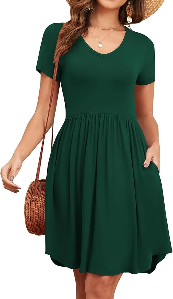Women's 2025 Summer Short Sleeve Dresses Casual Loose Fit Swing T Shirt Dress V Neck Sundress wit... | Amazon (US)