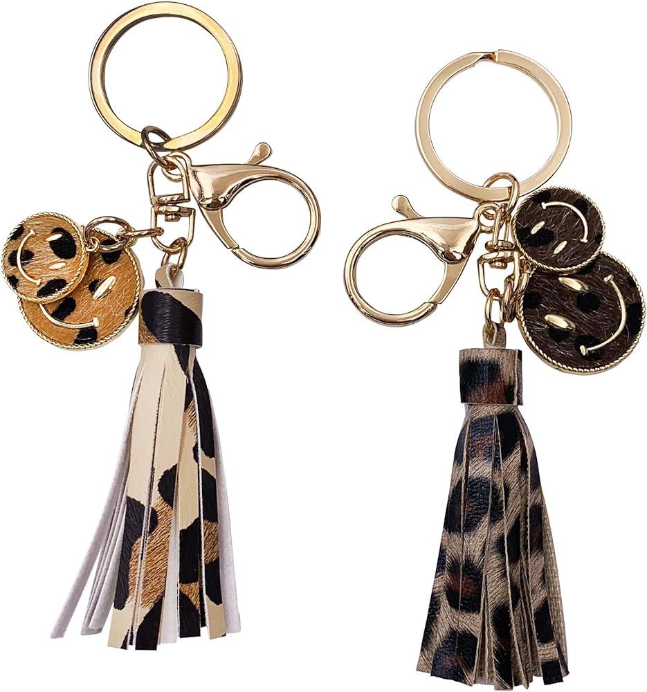 SELOVO 2 Pcs Leopard-print Tassel Funny Smile Face Purse Charm Firend Keychain Keyring Clasp Gold... | Amazon (US)