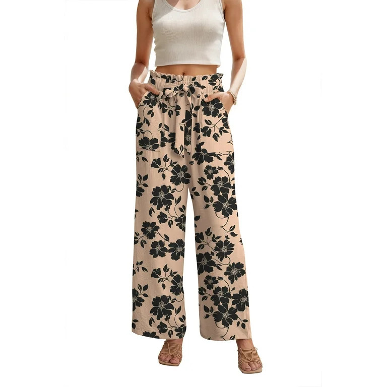JWD Women's Wide Leg Pants With Pockets High Waist Adjustable Knot Loose Casual Trousers Business... | Walmart (US)