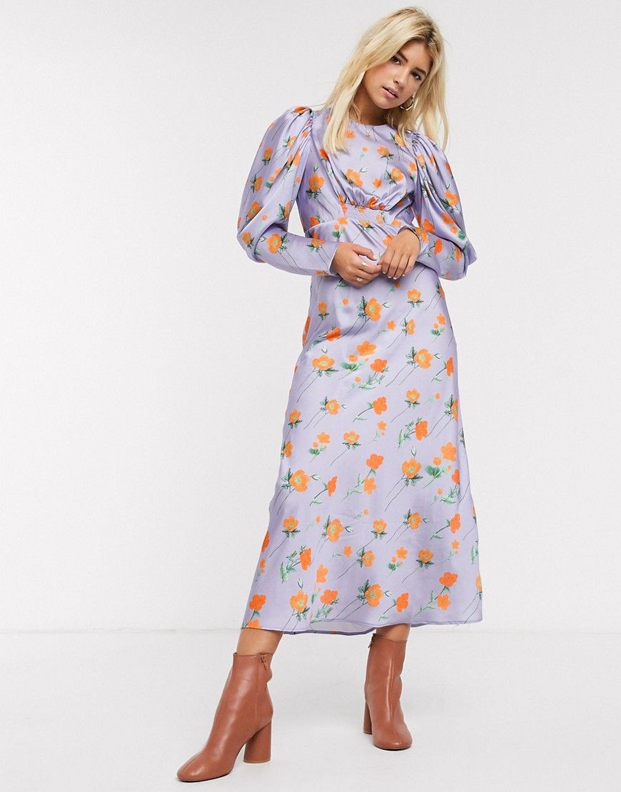 ASOS DESIGN satin maxi dress with puff sleeves in lilac floral print-Multi | ASOS (Global)