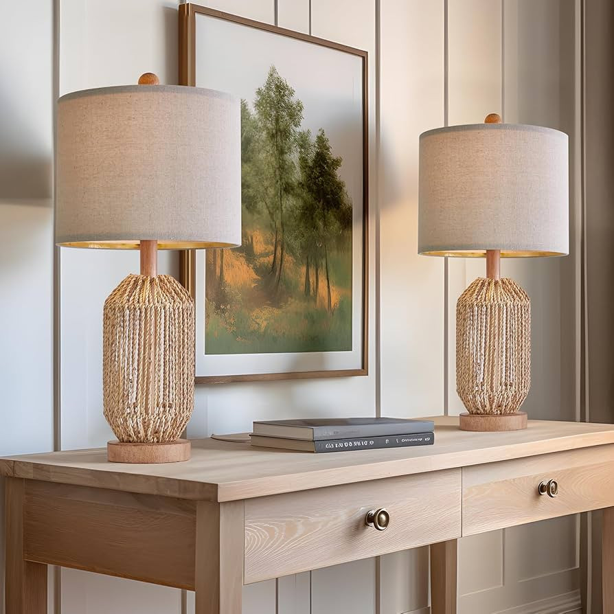 OYEARS 21" Boho Table Lamps Set of 2 for Living Room, Bedside Lamps for Nightstand, Rattan Lamp f... | Amazon (US)