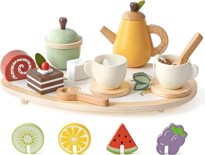 PairPear Wooden Toys Tea Party Set,Toddler Tea Set for Little Girls,Kids Pretend Play Kitchen Acc... | Amazon (US)