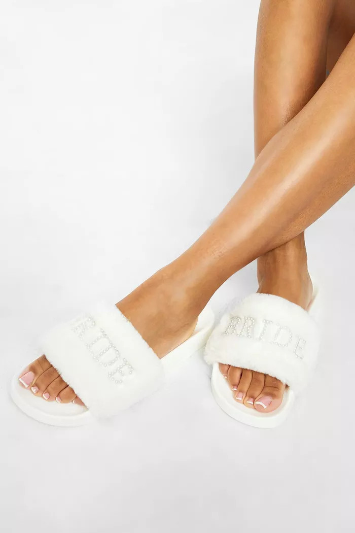 Bridal Fluffy Pearl Embroidered Sliders | Boohoo.com (UK & IE)