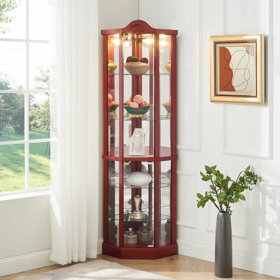 Lighted Glass Display Cabinet Corner Curio Cabinet with Adjustable Shelves Carved Cherry Decoration Wine Cabinet Perfect for Home or Office Use-Cherry | Target