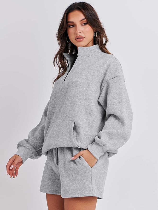 ANRABESS Women 2 Piece Outfits Sweatsuit Oversized Half Zip Collared Sweatshirt & Short Set Loung... | Amazon (US)