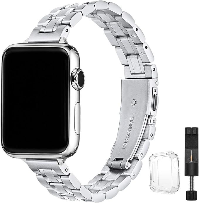 STIROLL Thin Replacement Band Compatible for Apple Watch 38mm 40mm 42mm 44mm, Stainless Steel Met... | Amazon (US)