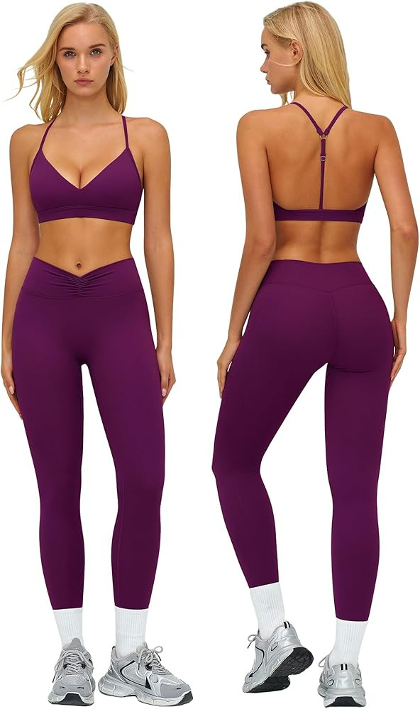 ABOCIW Womens Workout Sets V Neck Y Back Sports Bra Tummy Control High Waist Leggings 2 Piece Gym... | Amazon (US)