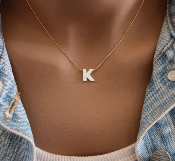 Opal initial necklace, Personalized gift, Letter necklace, Initial jewelry, White Opal initial ne... | Etsy (US)