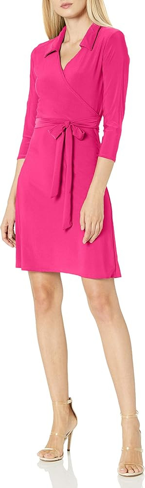 Star Vixen Women's Petite 3/4 Sleeve Faux Wrap Dress with Collar | Amazon (US)