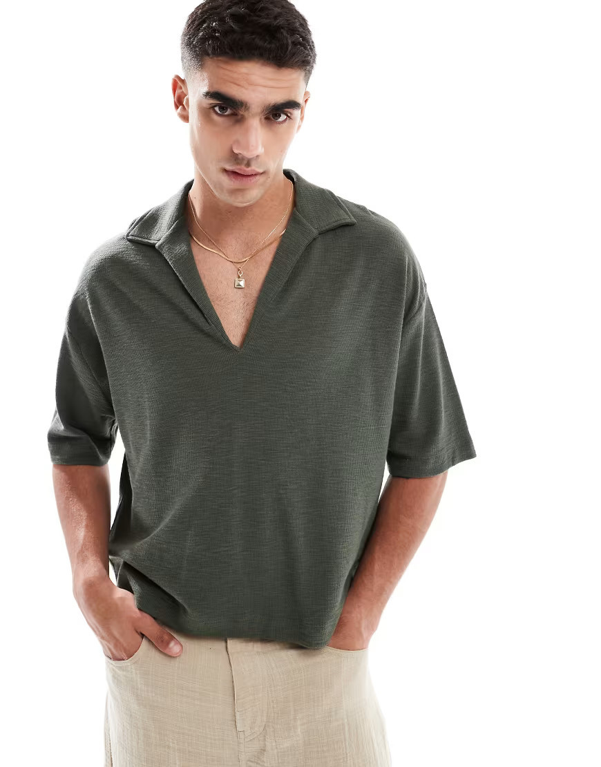 ASOS DESIGN oversized textured deep v polo in khaki-Green | ASOS (Global)