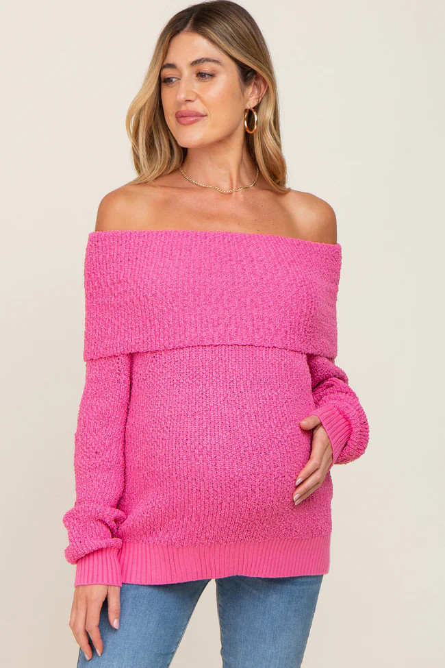 Fuchsia Foldover Off Shoulder Maternity Sweater | PinkBlush Maternity