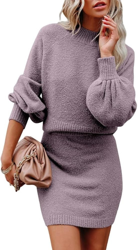 Dokotoo Women's 2 Piece Outfits Sweater Set Puff Long Sleeve Knit Cropped Top and Bodycon Skirt D... | Amazon (US)