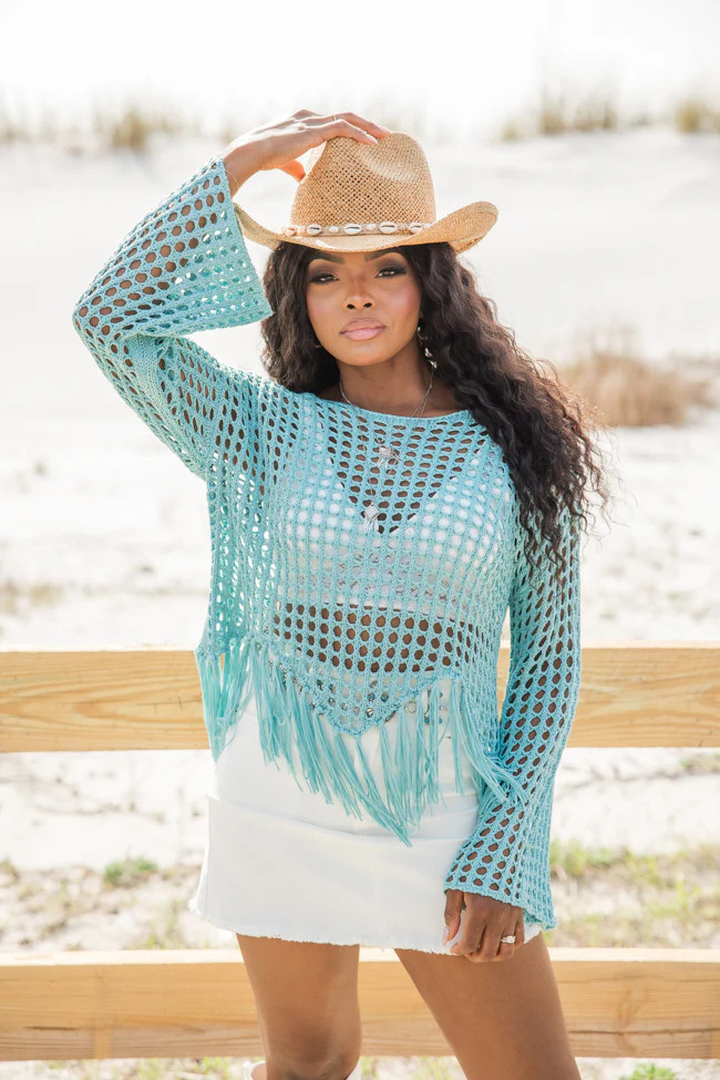 Palmera Paradise Dusty Teal Open Knit Fringe Hem Sweater | Pink Lily