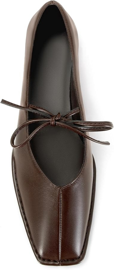 Lace Up Ballet Flats for Women Bow Square Toe Mary Jane Flats Slip On Leather Ballerina Shoes | Amazon (US)