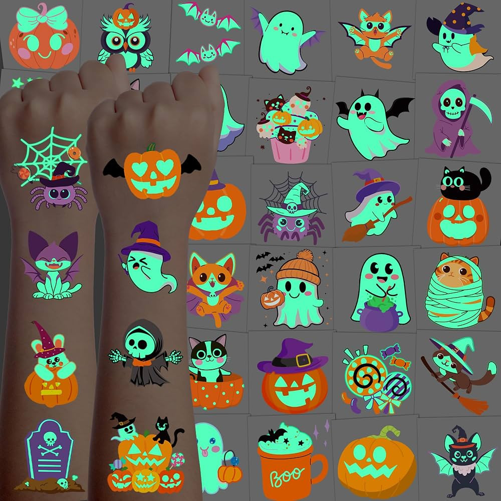216 PCS Halloween Tattoos for kids, Halloween Party Favors Bulk Glow in The Dark Temporary Tattoo... | Amazon (US)