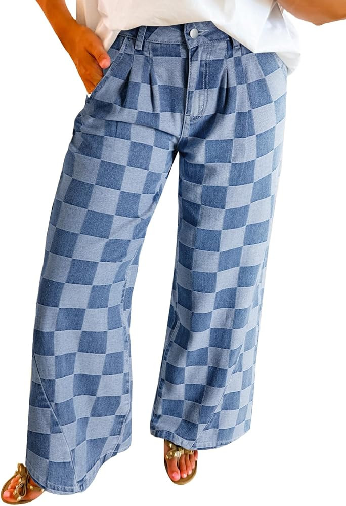Xadsfeel Women's Checkered Jeans High Waist Baggy Wide Leg Denim Pants Y2k Elastic Waist Boyfrien... | Amazon (US)