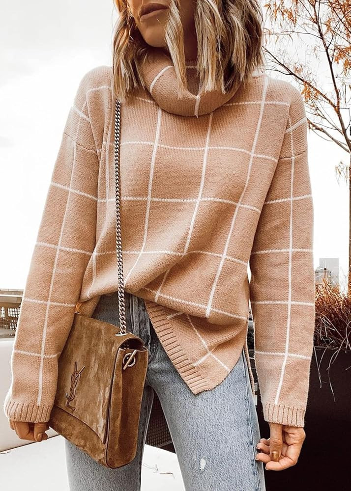 KIRUNDO 2022 Fall Winter Women’s Turtleneck Knit Sweater Long Sleeves Pullover Plaid Side Split Chec | Amazon (US)