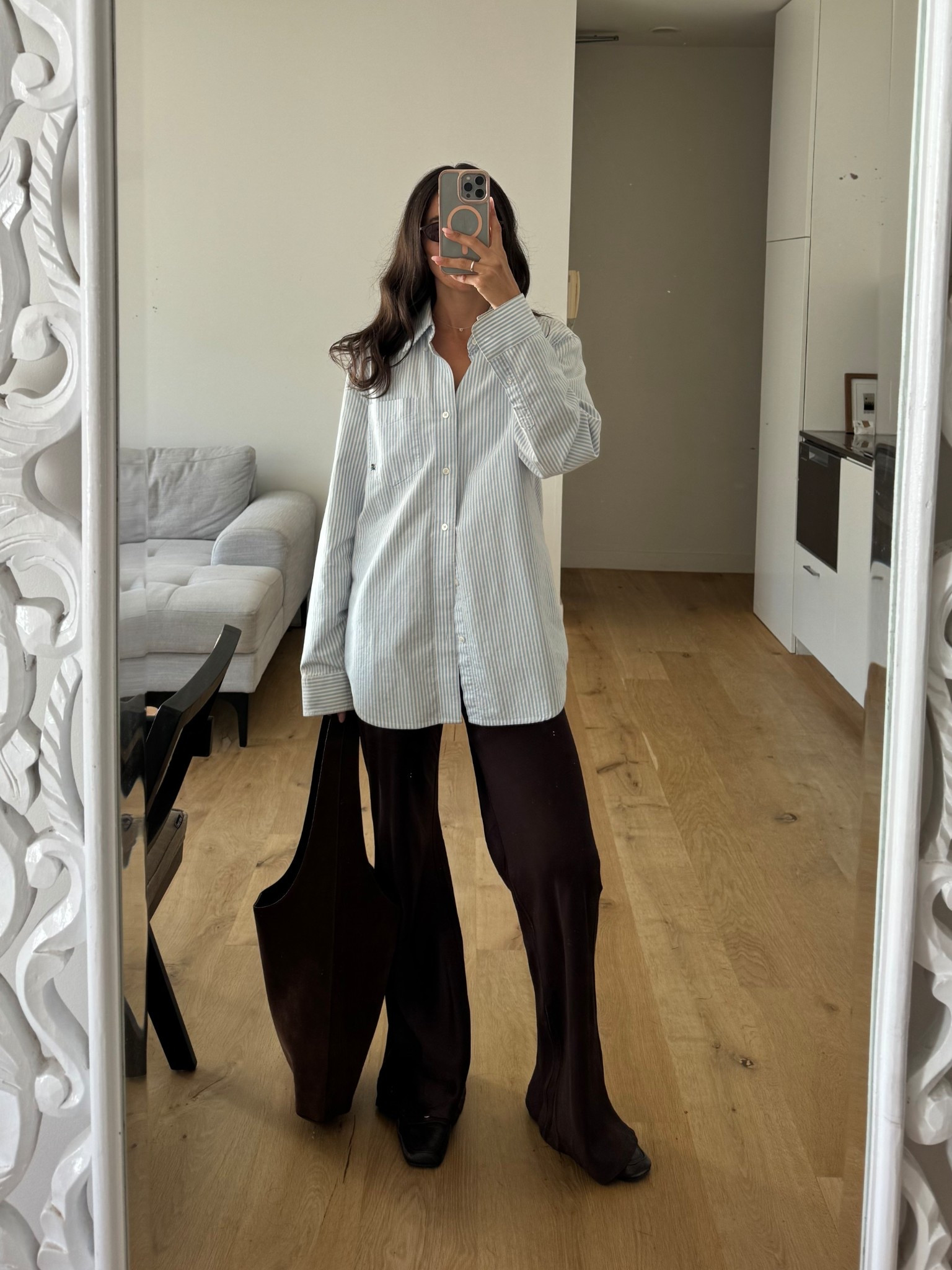 Blue & brown tones for autumn!! These brown Dissh pants are amazing, linked below size 8. Striped shirt linked similar, Assembly Label suede tote, loafers linked similar 

#LTKautumn #LTKaustralia #LTKnewzealand