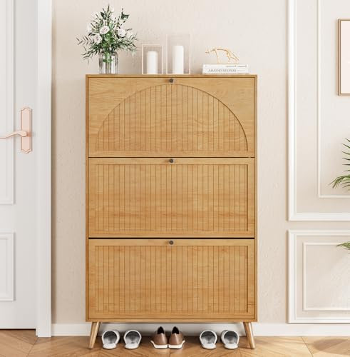 Fsbecl Shoe Storage Cabinet for Entryway with 3 Fluted Flip Drawers, Oak | Amazon (US)