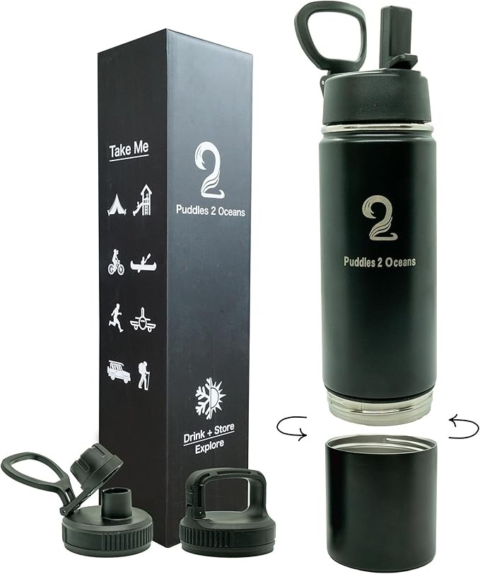 Insulated Water Bottle & Snack Container - Stainless Steel Water Bottle, 3 Lid Types BPA Free, Le... | Amazon (US)