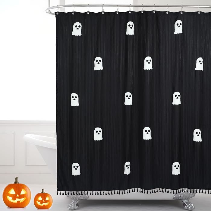 Halloween Ghost Shower Curtain, 72 x 72 Inch Cotton Spooky Cute Pumpkin Bat Shower Curtain with 12 Hooks for Halloween Bathroom Bathtub Vintage Gothic Horror Decor(Black,Ghost) | Amazon (US)