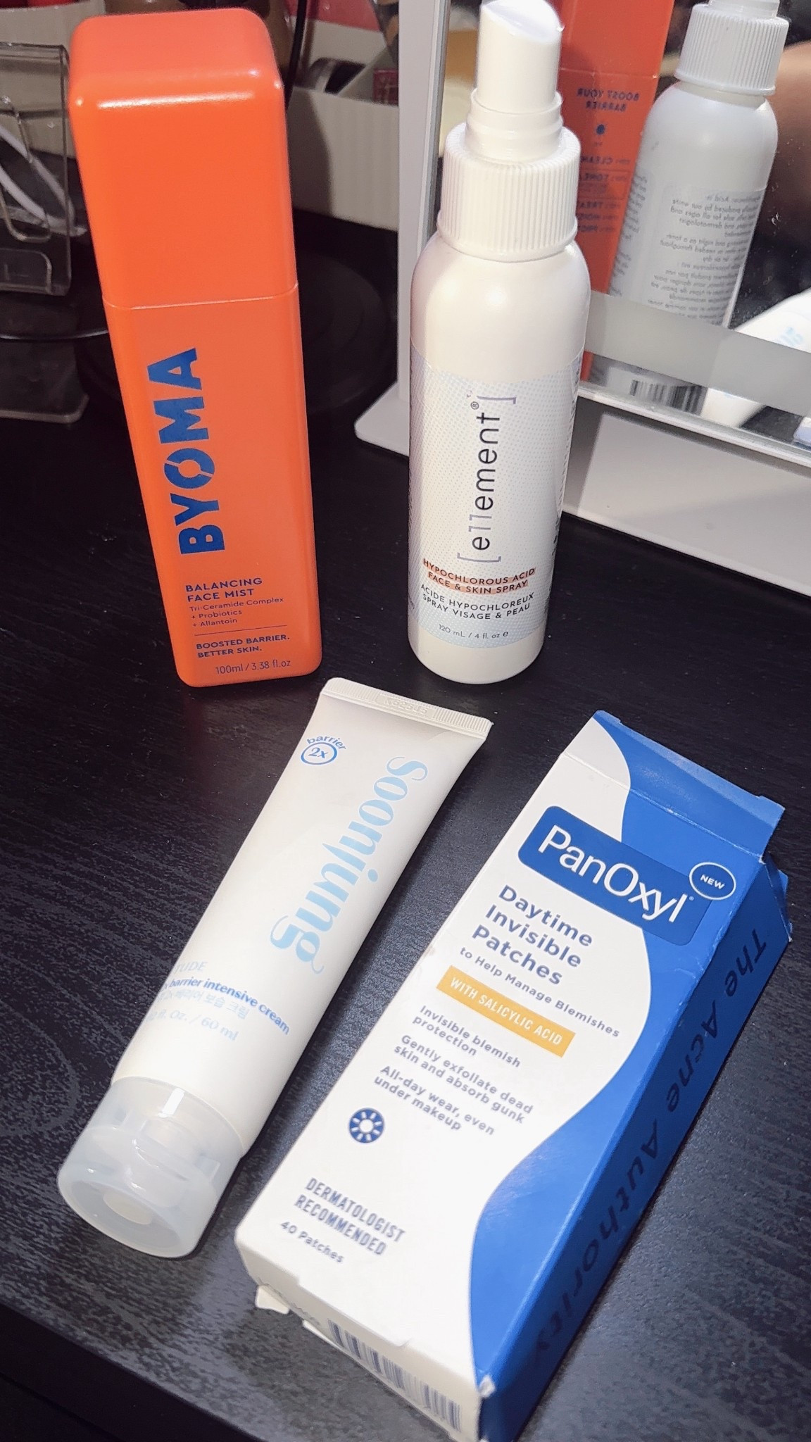 AM skincare lineup ✨
Keeping it simple and barrier-friendly this morning 💧

🧴 e11ement hypochlorous acid – gentle antibacterial mist that soothes and calms irritation
💦 byoma balancing face mist – adds a layer of hydration and preps skin for moisturizer
🌿 soonjung 2x barrier cream – rich, calming moisturizer that locks everything in
🎯 panoxyl pimple patches – perfect for spot-treating those stubborn breakouts

Sometimes less really is more — focusing on healing, balance, and hydration. 💕

#amroutine #skincarelineup #barriersupport #sensitiveskinroutine #byomaskincare #soonjung #pimplepatches #minimalistskincare #acneproneskin #hydratedskin

#LTKBeauty #LTKU #LTKFindsUnder50