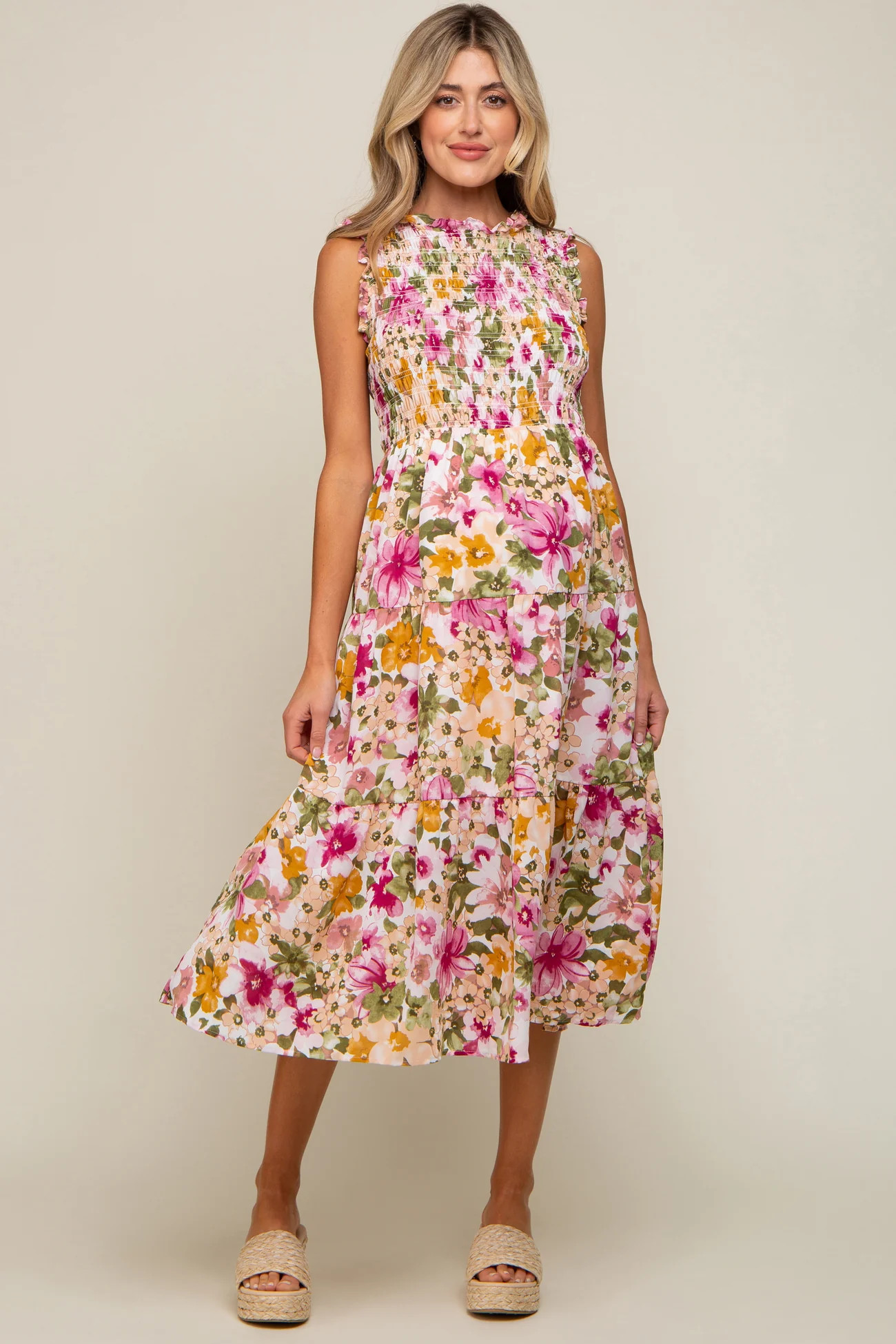 Ivory Floral Smocked Ruffle Neck Maternity Midi Dress | PinkBlush Maternity